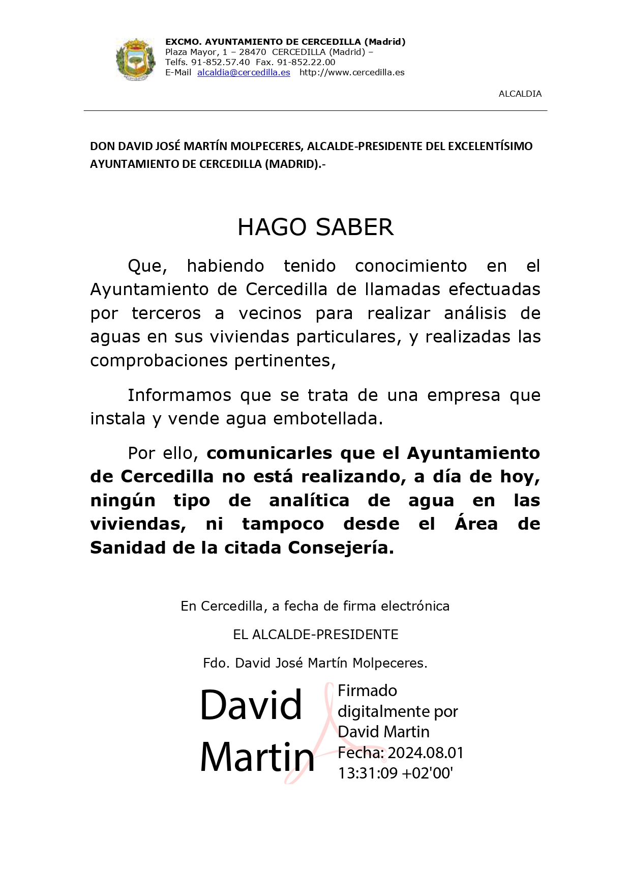 Advertencia sobre llamadas solicitando análisis de agua