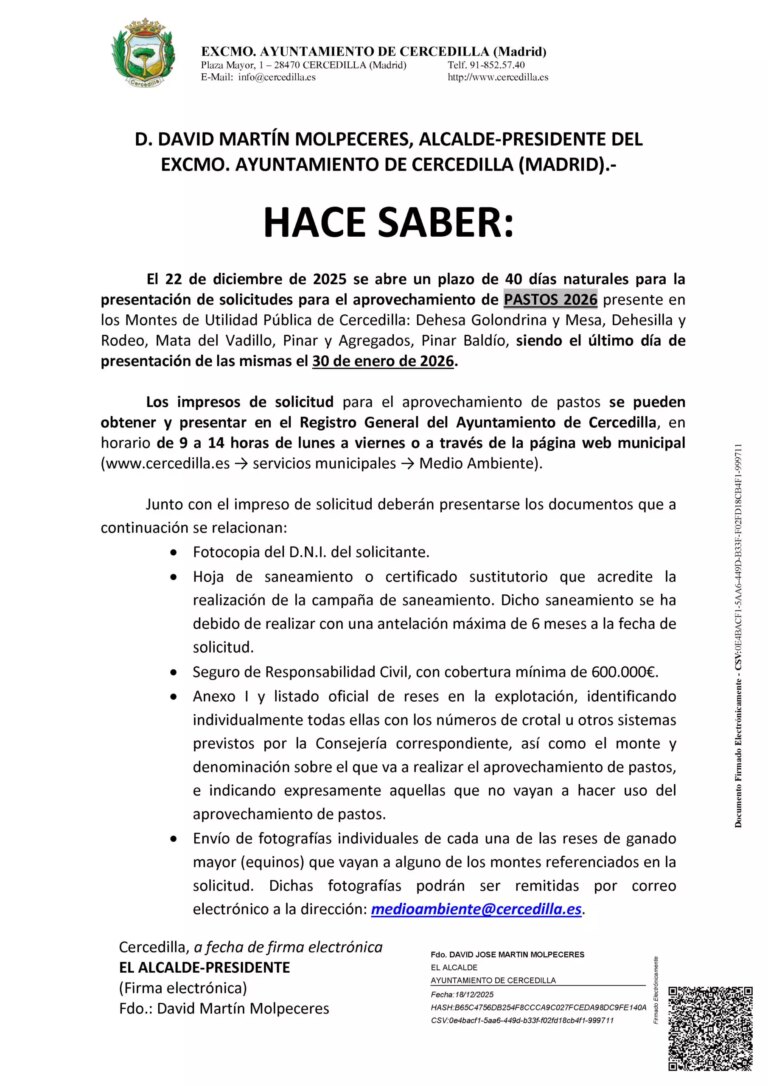 Bando de solicitud de aprovechamiento de pastos 2026: convocatoria abierta para ganaderos interesados en participar.