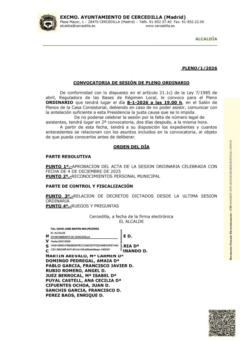 Convocatoria de Pleno Ordinario: 8 de enero de 2026