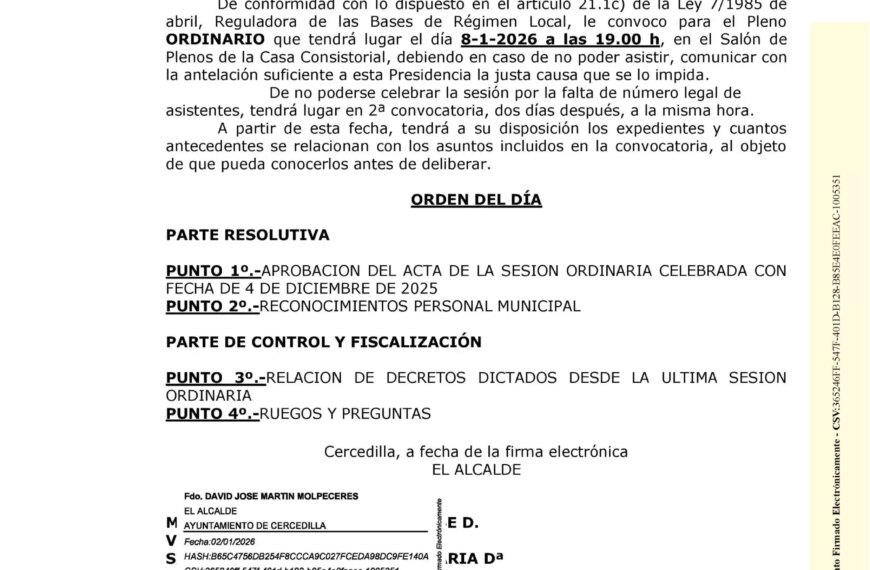 Convocatoria de Pleno Ordinario: 8 de enero de 2026
