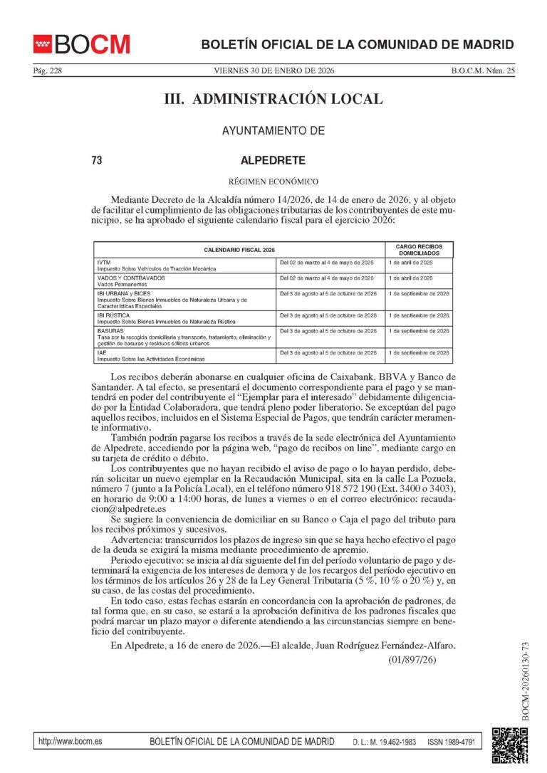 Calendario fiscal 2026 en la web del Ayuntamiento de Alpedrete: Consulta las fechas clave y obligaciones fiscales