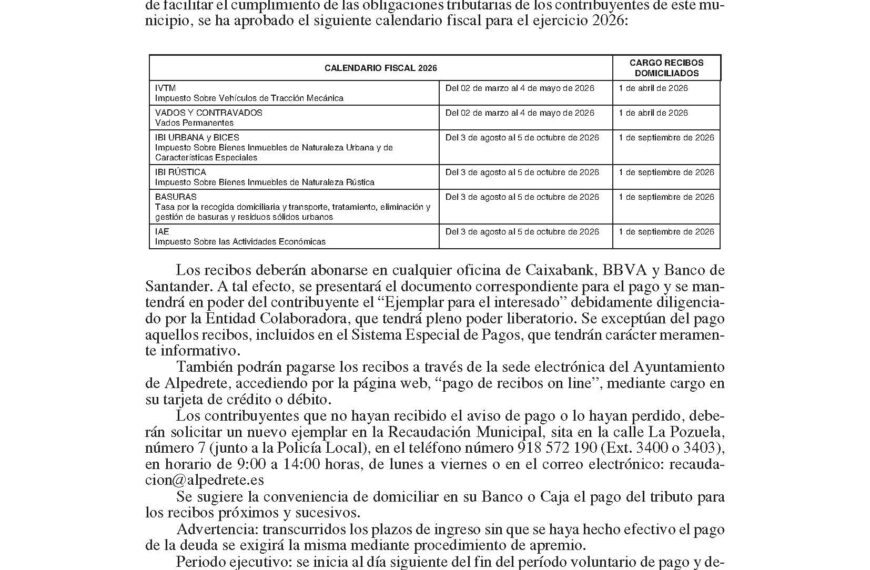 Calendario fiscal 2026 en la web del Ayuntamiento de Alpedrete: Consulta las fechas clave y obligaciones fiscales