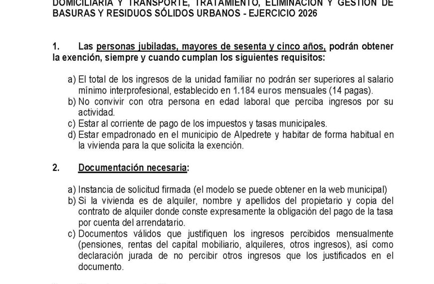 Exención de la tasa de basuras para mayores de 65 años en la nueva normativa municipal